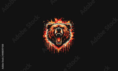 head bear roar with flames vector mascot design