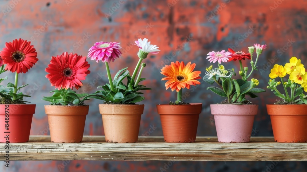 Obraz premium A row of colorful flowers in pots lined up on a rustic wooden shelf, creating a cheerful and vibrant display.
