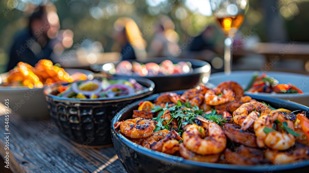 A vibrant outdoor dining setup featuring a bowl of grilled shrimp, fresh salad, and various dishes, perfect for a summer meal. A vibrant outdoor dining setup featuring a bowl of grilled shrimp, fresh salad, and various dishes, perfect for a summer meal.