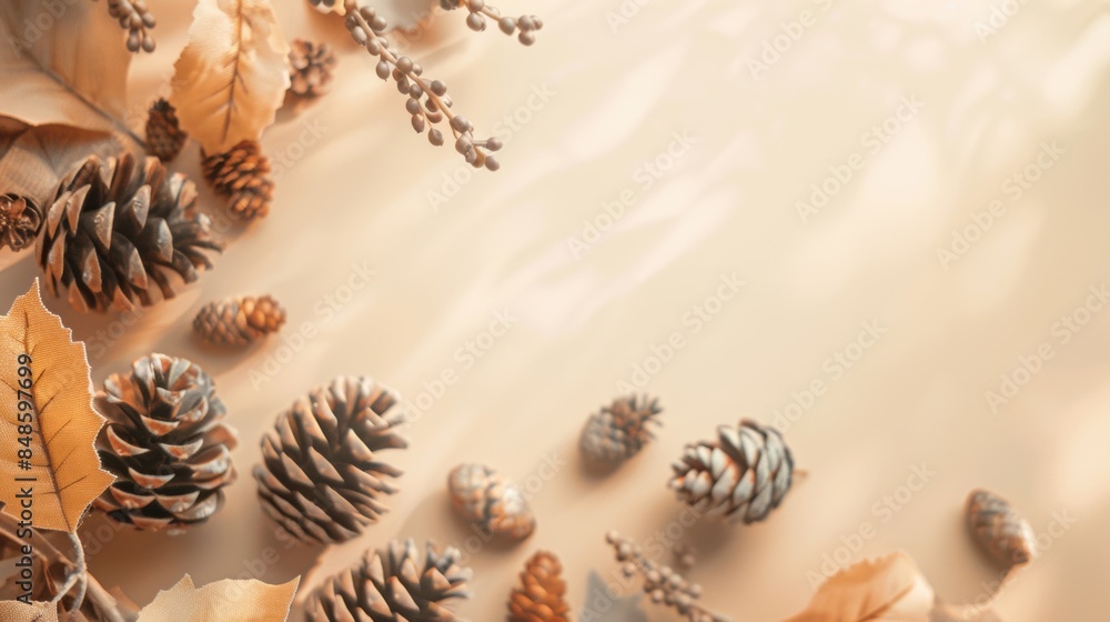Obraz premium Artistic arrangement of pinecones and leaves on a neutral background, emphasizing autumn's natural textures and tones.