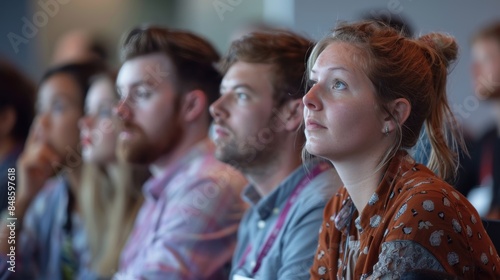 A diverse group of people attentively listening at a conference, focused on the speaker or presentation.