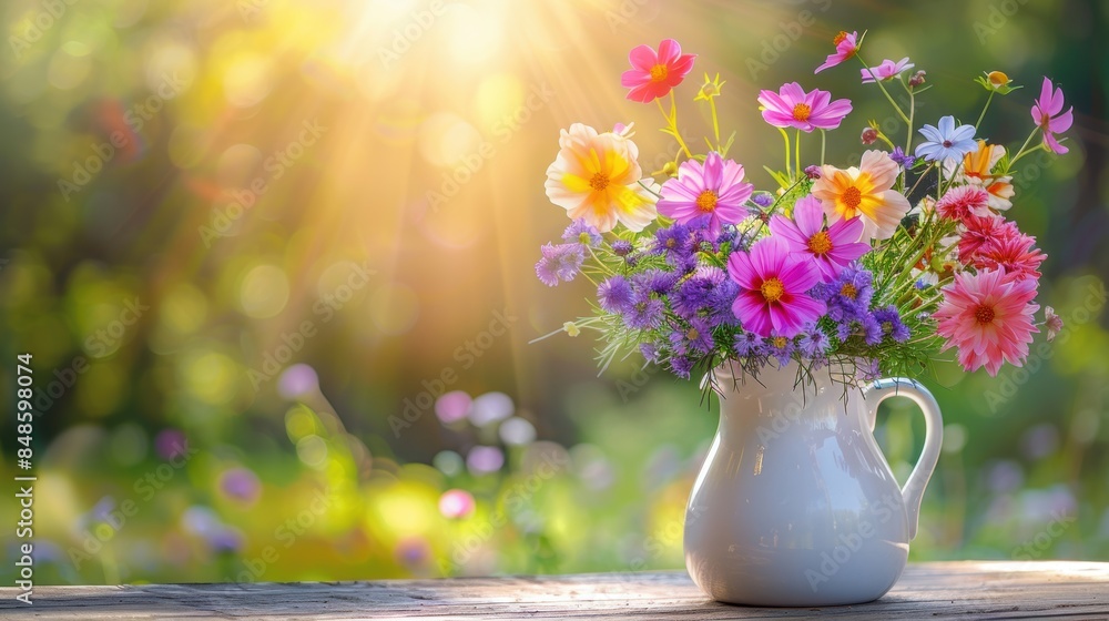A vibrant bouquet of colorful wildflowers in a white vase, illuminated by warm sunlight with a bokeh background. A vibrant bouquet of colorful wildflowers in a white vase, illuminated by warm sunlight with a bokeh background.