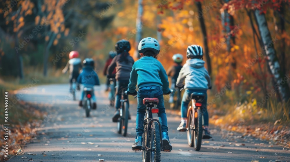 A group of kids wearing helmets, riding bicycles on a scenic path surrounded by autumn foliage, enjoying outdoor activity. A group of kids wearing helmets, riding bicycles on a scenic path surrounded by autumn foliage, enjoying outdoor activity.