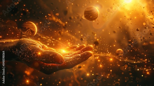 A close-up of a cosmic hand reaching out, surrounded by glowing debris and a bright, burning light source