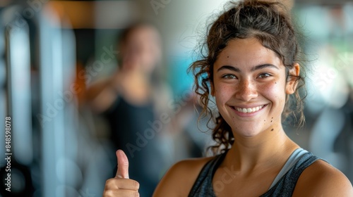 Free Download A young woman with a joyful expression, smiling and giving a thumbs up gesture in a bright, indoor setting. - GFXLoad