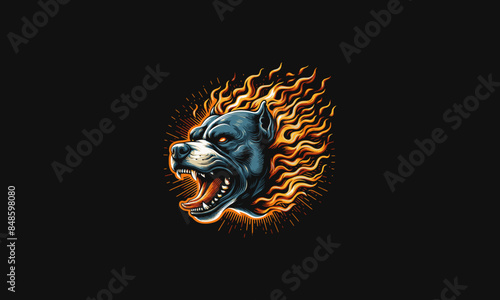 head pit bull roar with flames vector mascot design