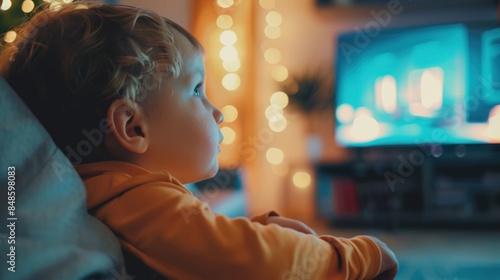 A young child intently watching TV at home, with soft lighting and bokeh in the background, creating a cozy atmosphere.