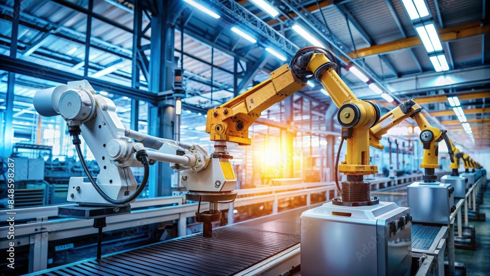 Industrial Robotic Arms Working On Production Line In Factory Industrial Robotic Arms Working On Production Line In Factory