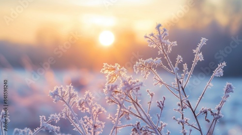 Frost-covered plants glisten in the soft light of sunrise, creating a beautiful and serene winter scene. © tashechka