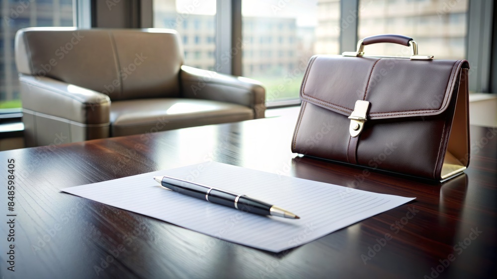 💼📑🖊ï¸Close-Up Of A Leather Briefcase, Pen, And Blank Paper On A Desk In A Modern Office. 💼📑🖊ï¸Close-Up Of A Leather Briefcase, Pen, And Blank Paper On A Desk In A Modern Office.