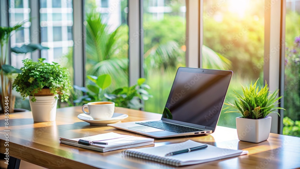 Work From Home Setup With Laptop, Notebooks, Coffee Cup And Potted Plants Work From Home Setup With Laptop, Notebooks, Coffee Cup And Potted Plants