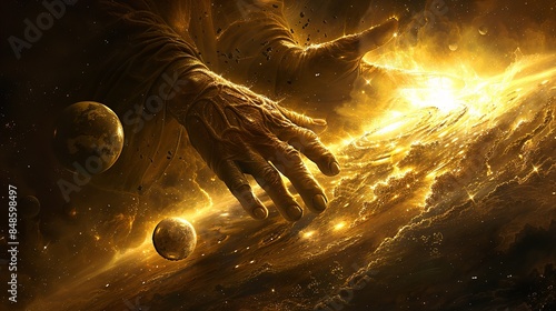 A giant hand emerges from a swirling golden nebula. The hands fleshy fingers are reaching toward a bright, glowing object in the distance