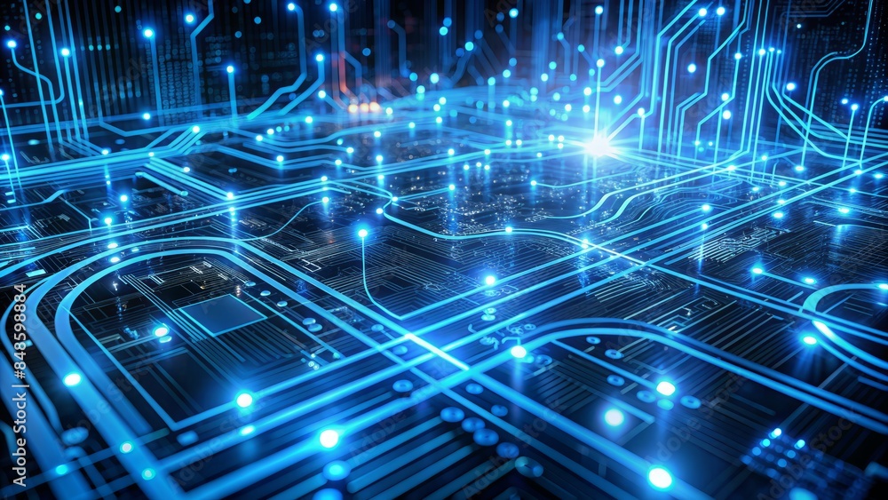 3D Illustration Of A Futuristic Circuit Board With Glowing Blue Lights. 3D Illustration Of A Futuristic Circuit Board With Glowing Blue Lights.