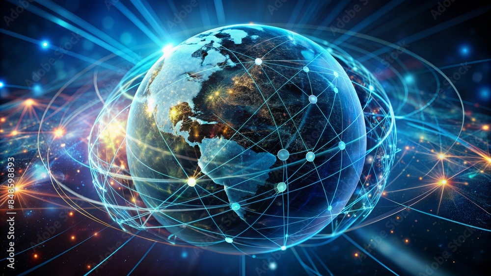 Fototapeta premium A Digital Illustration Of Planet Earth With A Glowing Network Of Connections Representing The Internet And Global Communication.