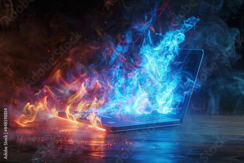 A laptop is on a table with smoke coming. sci-fi technology.