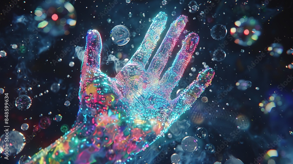 High-resolution 3D rendering of a holographic hand made of liquid glass floating in space with colorful bubbles around it. The palm is raised with five fingers spread out, creating an ethereal effect 