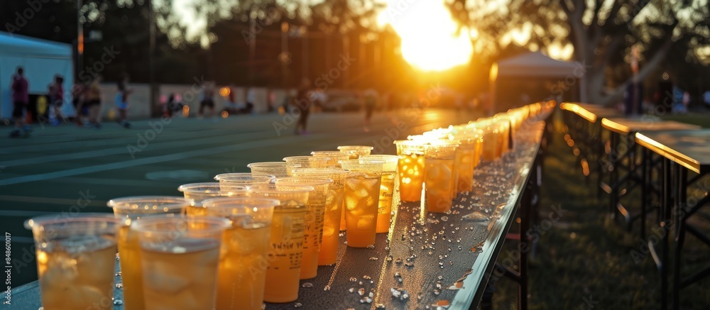 A refreshment station set up along the marathon track, with cups of water and sports drinks ready for runners. The station is lit by the warm mid-morning sun A refreshment station set up along the marathon track, with cups of water and sports drinks ready for runners. The station is lit by the warm mid-morning sun