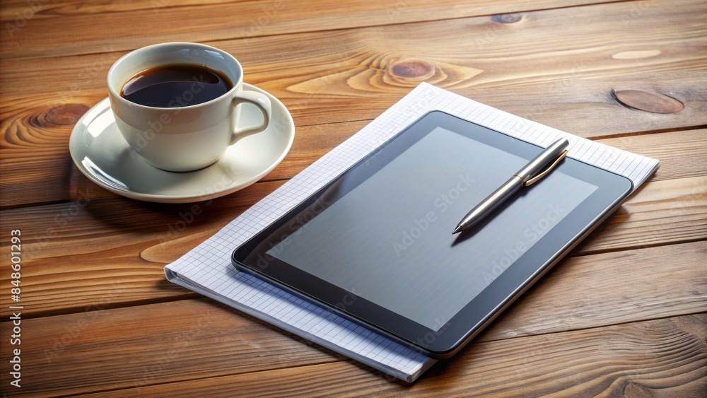 A Digital Tablet And A Cup Of Coffee On A Wooden Table. A Digital Tablet And A Cup Of Coffee On A Wooden Table.