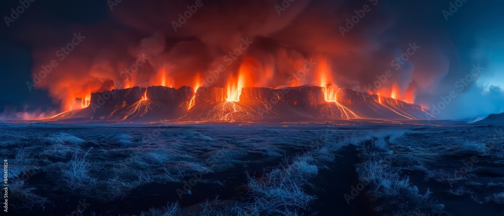 a volcanic eruption with lava, smoke, and ash against a dramatic sky backdrop a volcanic eruption with lava, smoke, and ash against a dramatic sky backdrop