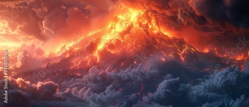 a volcanic eruption with lava, smoke, and ash against a dramatic sky backdrop