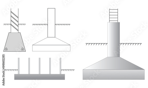 Set of steel column foundation in reinforced concrete block. 3D Illustration