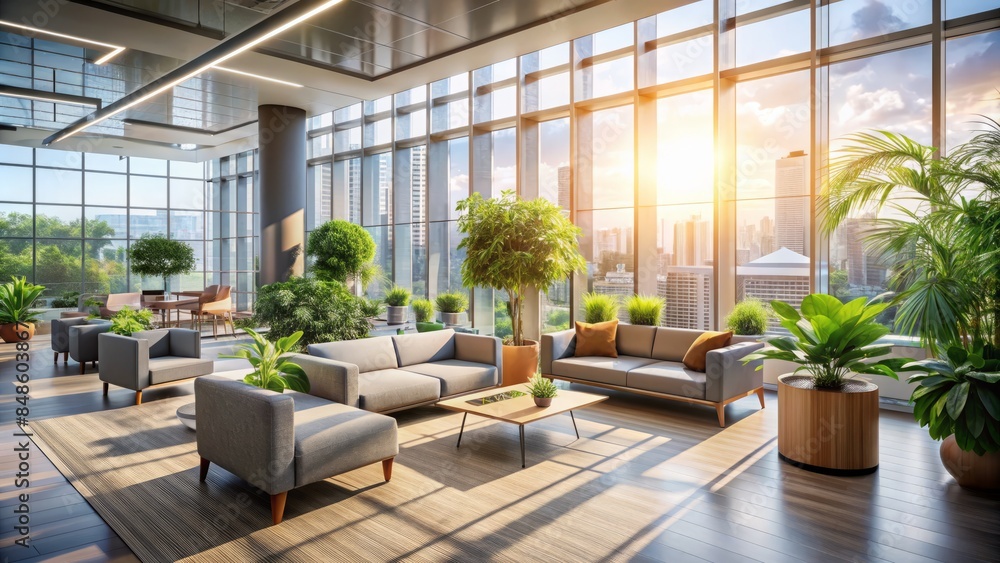 A Modern Office Space With Large Windows, Plants, And Comfortable Furniture A Modern Office Space With Large Windows, Plants, And Comfortable Furniture