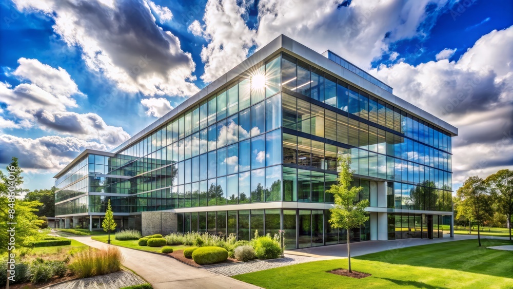 The Impressive Glass Facade Of A Modern Office Building Reflects The Sun And Sky The Impressive Glass Facade Of A Modern Office Building Reflects The Sun And Sky