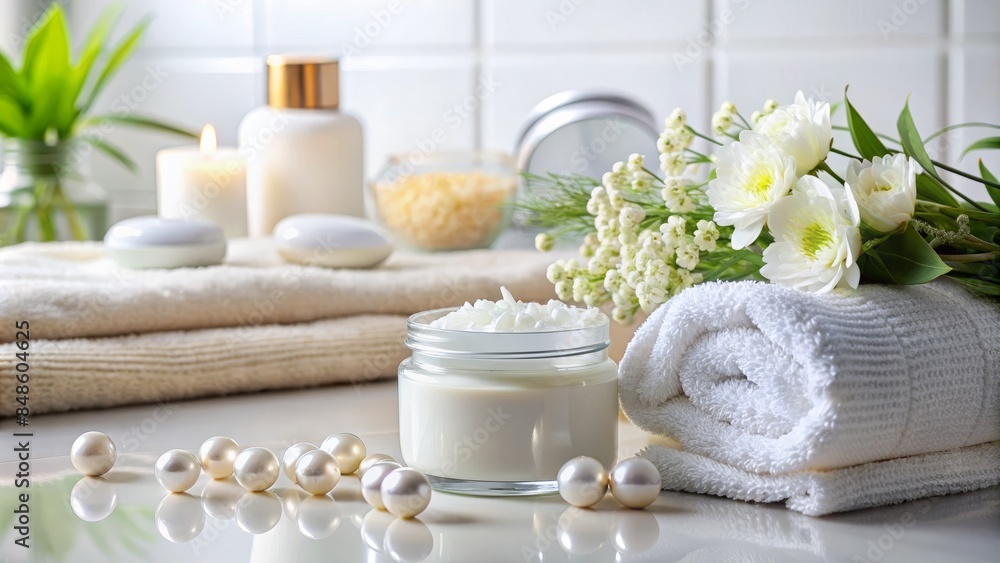 Close-Up Of Spa Composition With Cream, Flowers, Towel And Pearls On White Background.