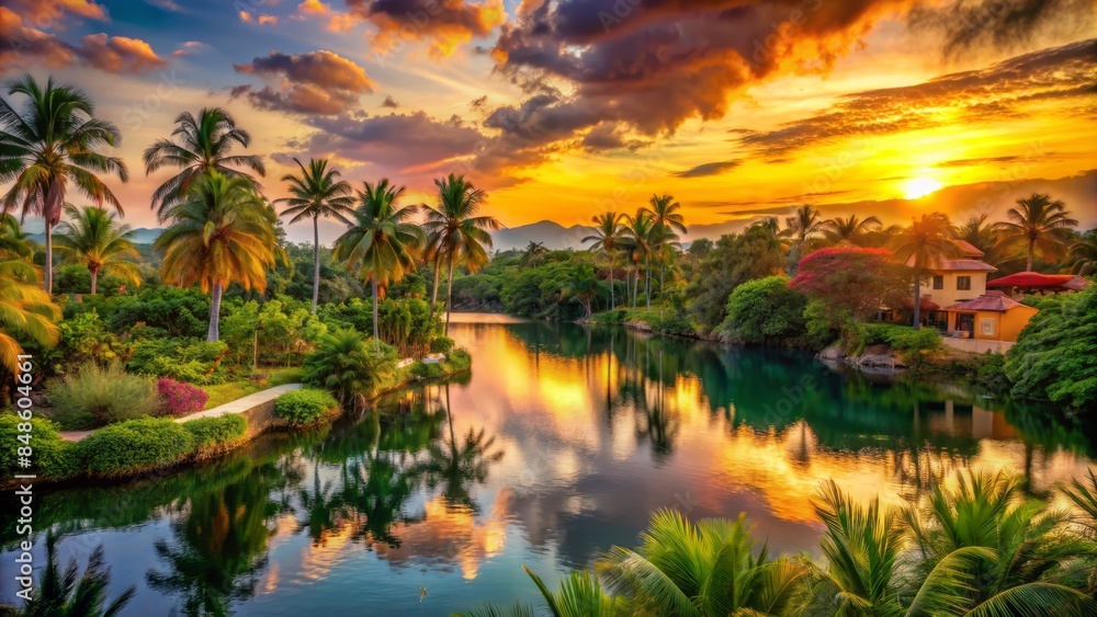 Palm Trees,碧水And A Setting Sun Create A Beautiful Tropical Landscape. Palm Trees,碧水And A Setting Sun Create A Beautiful Tropical Landscape.