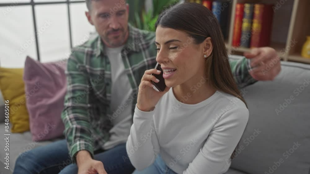 A smiling woman on a phone call sits with a man embracing her from behind on a sofa in a cozy living room. A smiling woman on a phone call sits with a man embracing her from behind on a sofa in a cozy living room.