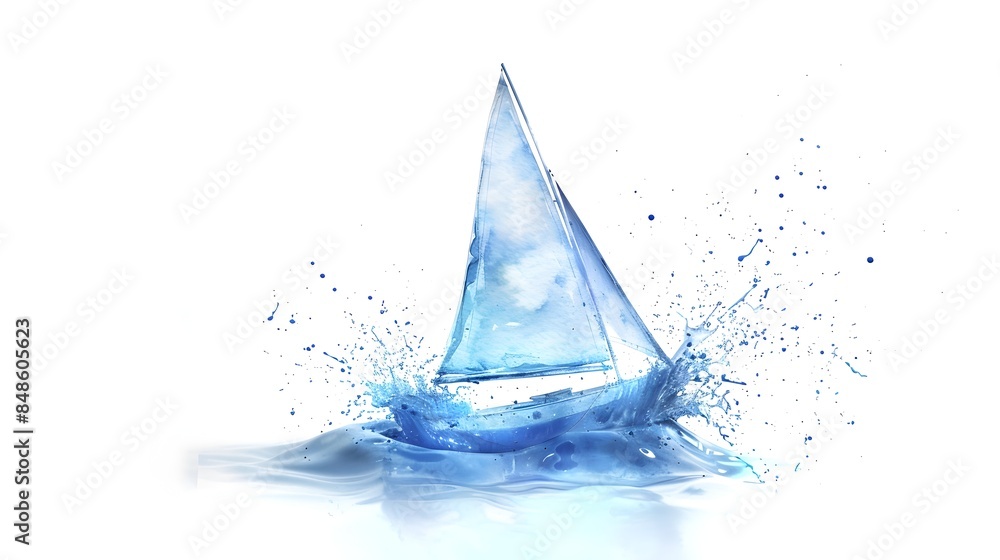 Fototapeta premium Vibrant 3D Watercolor Sailboat with Splashing Waves on Isolated White Background