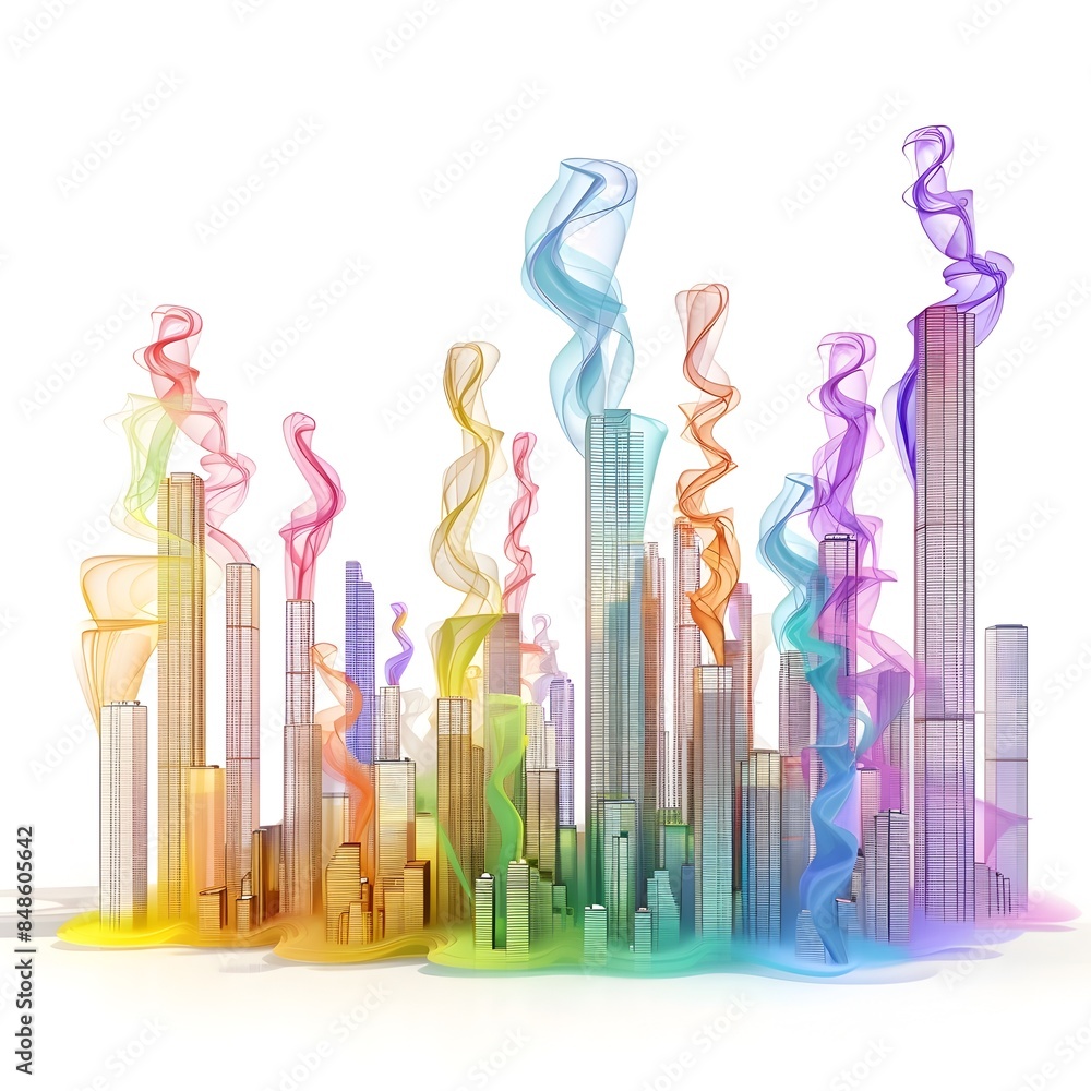 Fototapeta premium Vibrant Cityscape Skyline Outlined by Colorful Smoke Letters