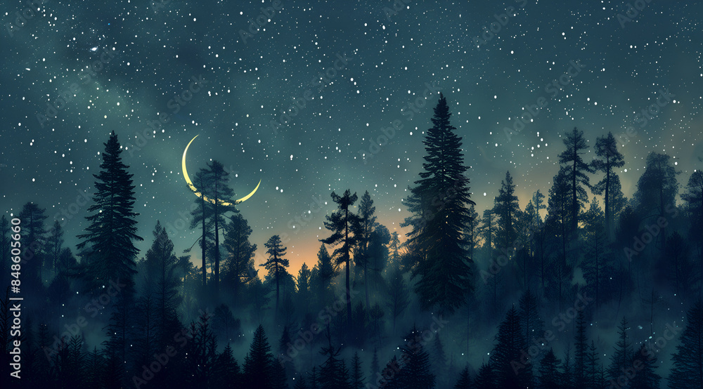 Naklejka premium night sky with stars and moon, Starry sky, crescent moon, forest background