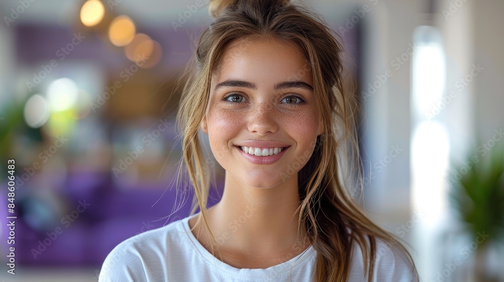 portrait of young Caucasian woman with teeth smile in plain white t-shirt in beauty salon portrait of young Caucasian woman with teeth smile in plain white t-shirt in beauty salon