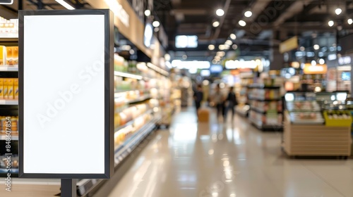 Blank digital sign in a supermarket aisle with people in the background
