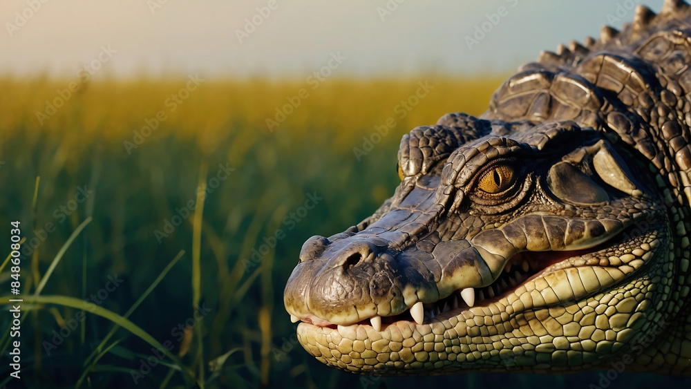 Obraz premium crocodile in the grass, alligators, reptile, predator, swamp, leather, teeth, wildlife, prehistoric, snout, 