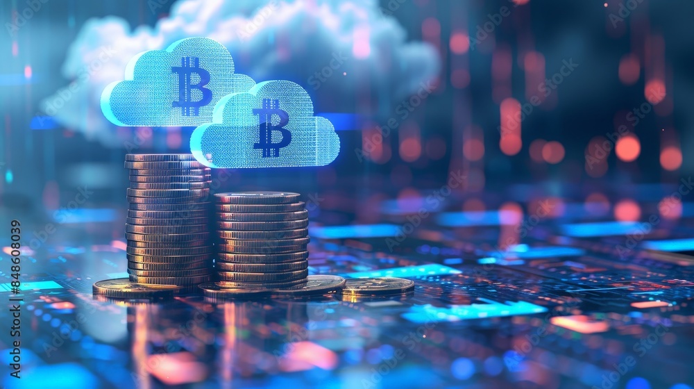 Stack of coins and clouds with bitcoin symbol on a digital screen Stack of coins and clouds with bitcoin symbol on a digital screen