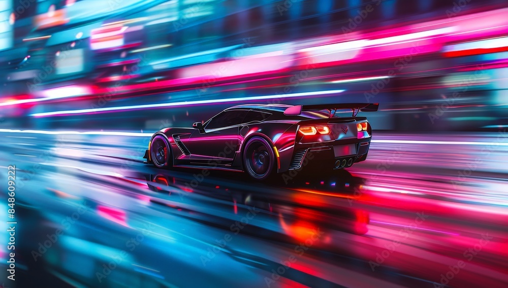 Fototapeta premium A sports car speeds through a neon city at night