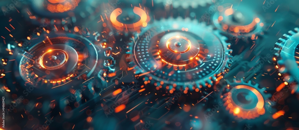 Abstract Digital Gears Rotating With Orange and Blue Lights Abstract Digital Gears Rotating With Orange and Blue Lights
