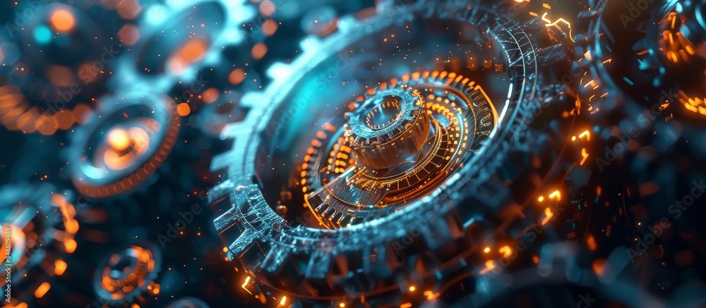 Abstract Digital Gears Rotating With Orange and Blue Lights Abstract Digital Gears Rotating With Orange and Blue Lights