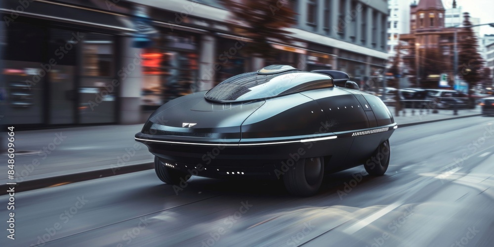 Fototapeta premium On World UFO Day, an electric car designed after UFOs was driving on busy urban streets. Its unique appearance and technological elements attracted a lot of attention. , mystery, technology, HD wallpa