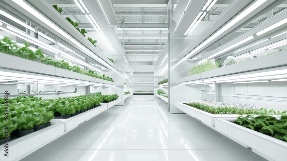 Industrial vertical farm with plants growing in white rectangular shelves for urban farming, smart agricultural technology concept Industrial vertical farm with plants growing in white rectangular shelves for urban farming, smart agricultural technology concept