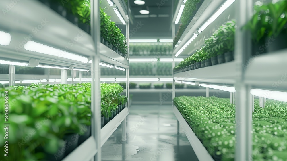 Industrial vertical farm with plants growing in white rectangular shelves for urban farming, smart agricultural technology concept Industrial vertical farm with plants growing in white rectangular shelves for urban farming, smart agricultural technology concept