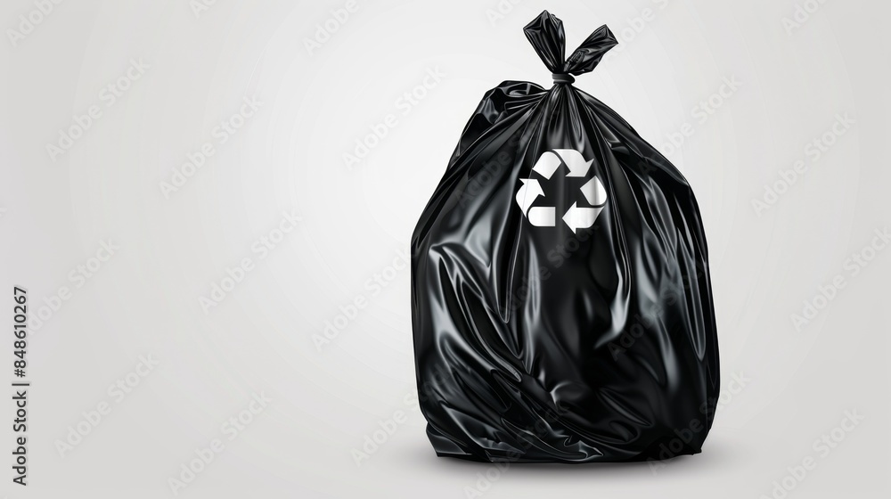 A black garbage bag featuring a prominent recycling symbol, highlighting the importance of waste management and recycling. A black garbage bag featuring a prominent recycling symbol, highlighting the importance of waste management and recycling.