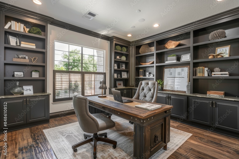 A study room with a spacious L-shaped desk and plenty of storage options A study room with a spacious L-shaped desk and plenty of storage options