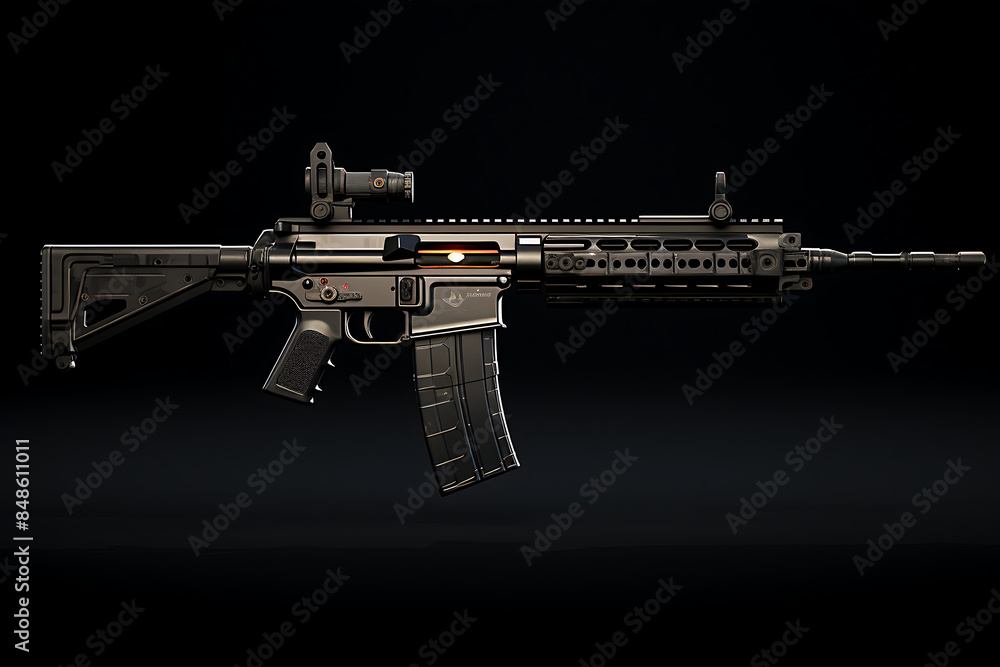Modern assault rifle on a black background with reflection. Studio shot. Modern assault rifle on a black background with reflection. Studio shot.