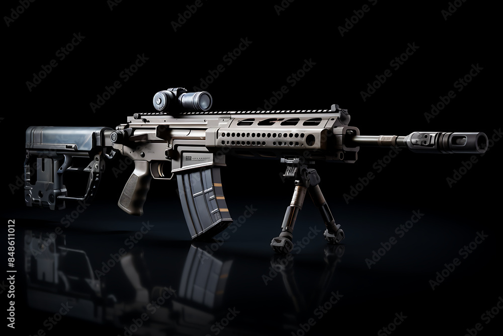 Modern assault rifle on a black background with reflection. Studio shot. Modern assault rifle on a black background with reflection. Studio shot.