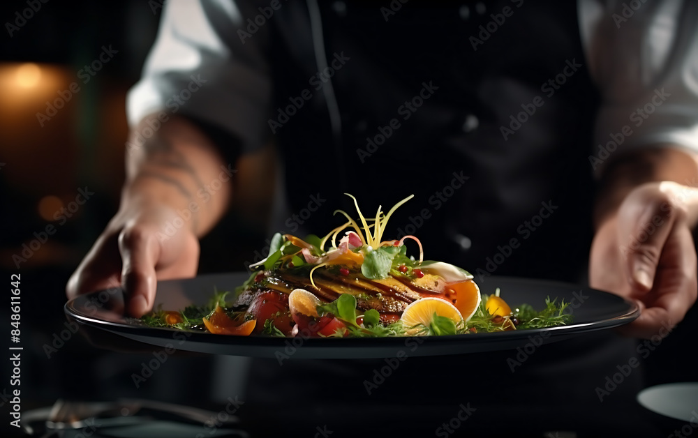 cropped shot of chef cutting grilled salmon steak with vegetables on plate cropped shot of chef cutting grilled salmon steak with vegetables on plate