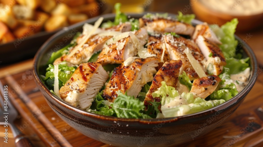 Chicken caesar salad served in a bowl with a backdrop of wood Chicken caesar salad served in a bowl with a backdrop of wood