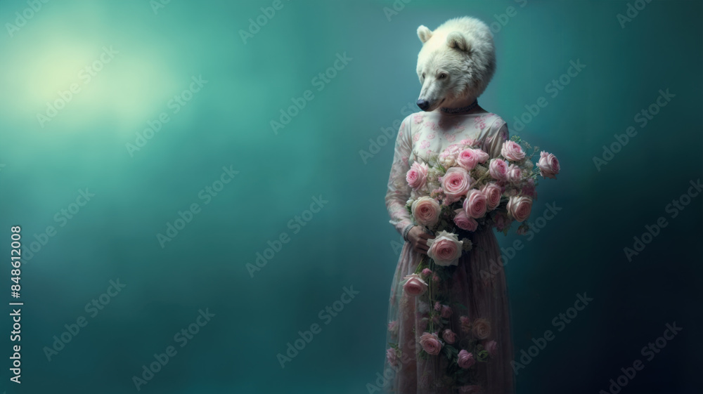 A surreal illustration of a woman in a floral dress. She has the head of a polar bear and is holding a large bouquet of flowers. Copy space.